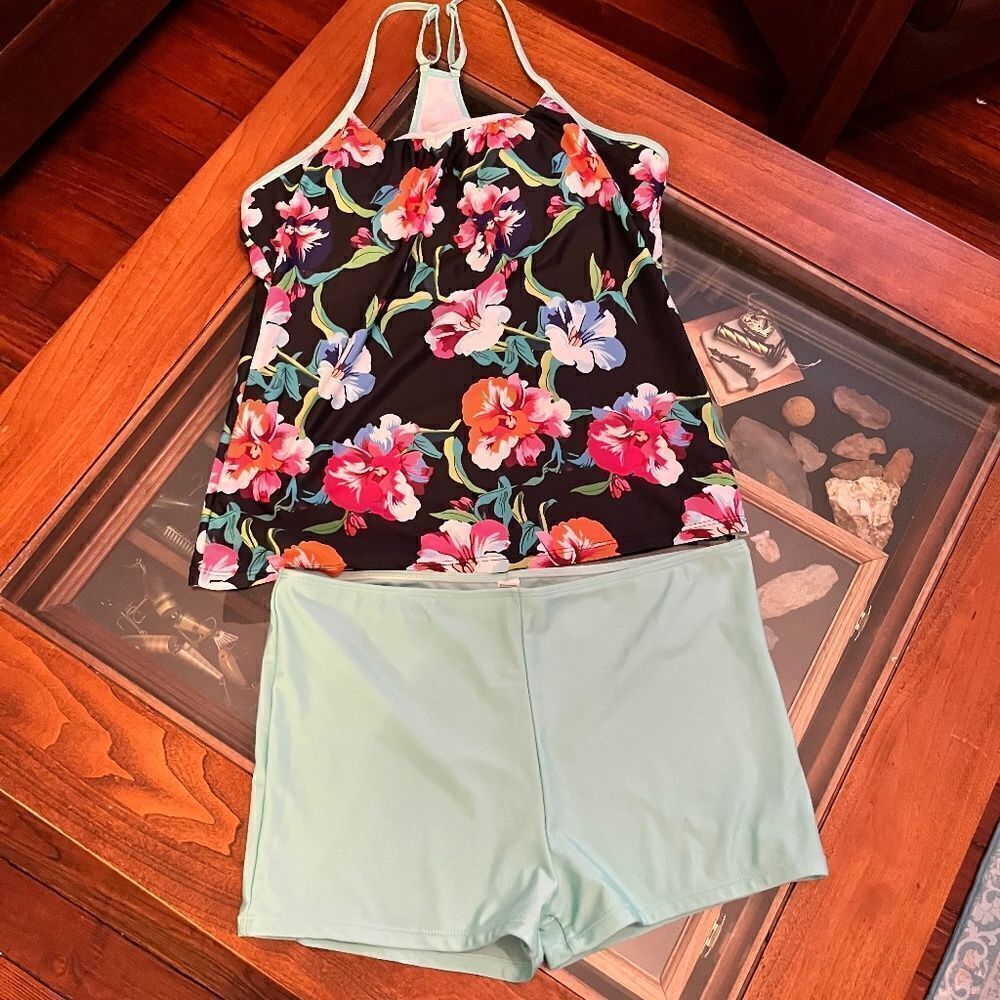 2 PC Tankini Swimsuit Bathing Suit Teal Boy Shorts Floral Top 3XL Like NEW